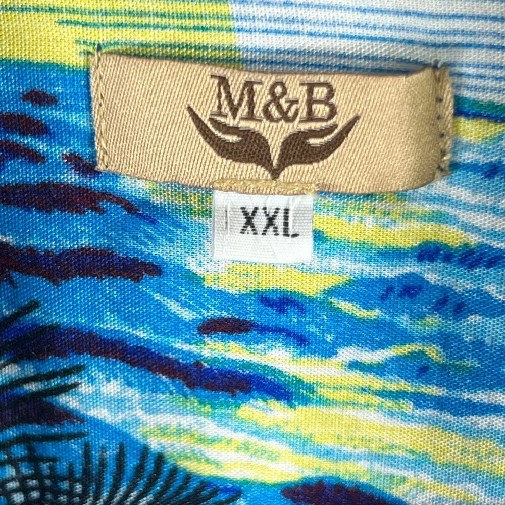 M&B Mens XXL Tropical Island Sunset Palm Tree Hibiscus Aloha Camp Shirt Blue